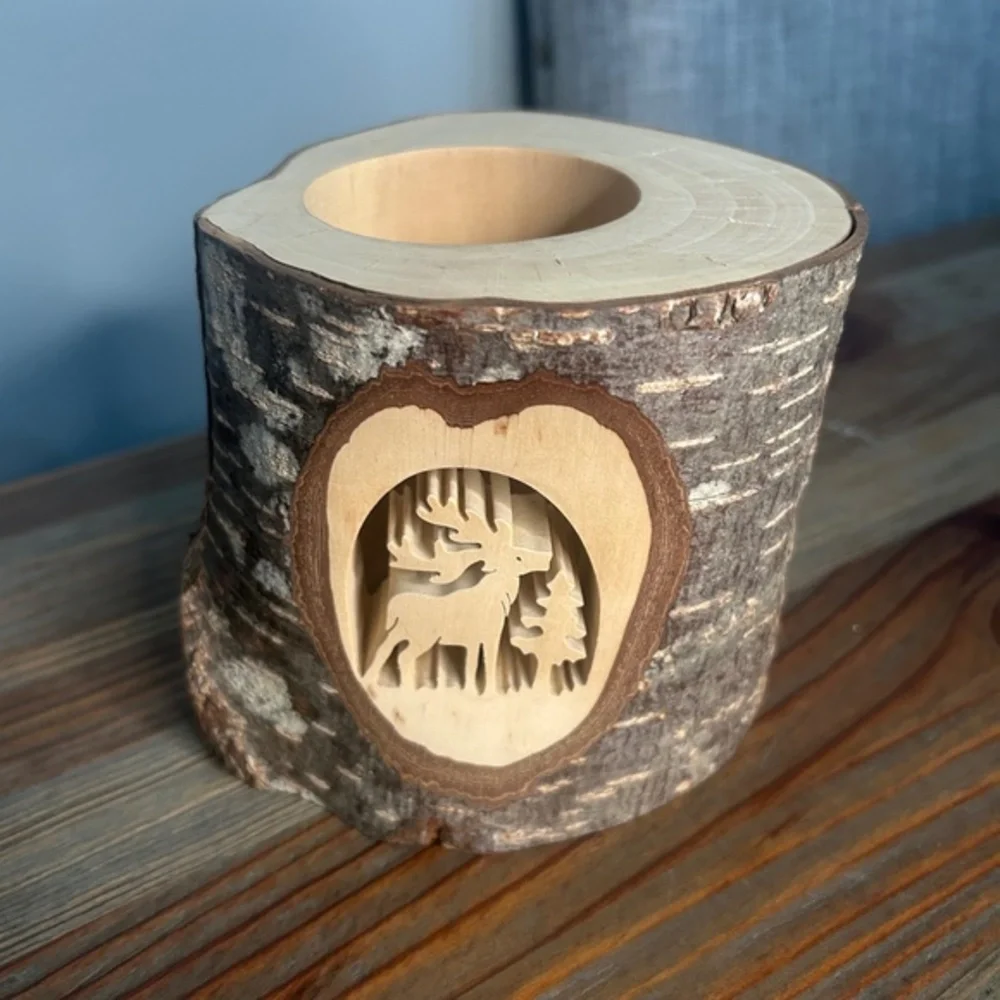 Rustic Wood Log‎ Candle Holder Moose Carved Tree Stump Decor Cabin